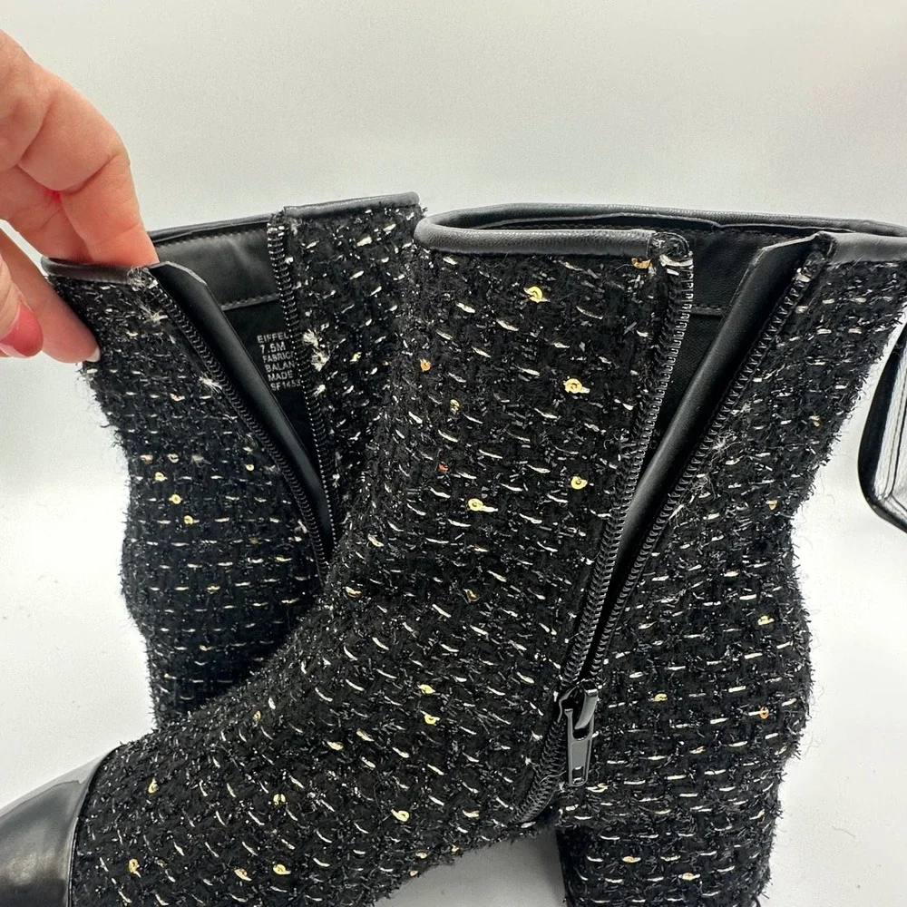 Steve Madden Eiffel Tweed Ankle Boots 7.5 Black Gold Sequin Cap Toe Block Heel
